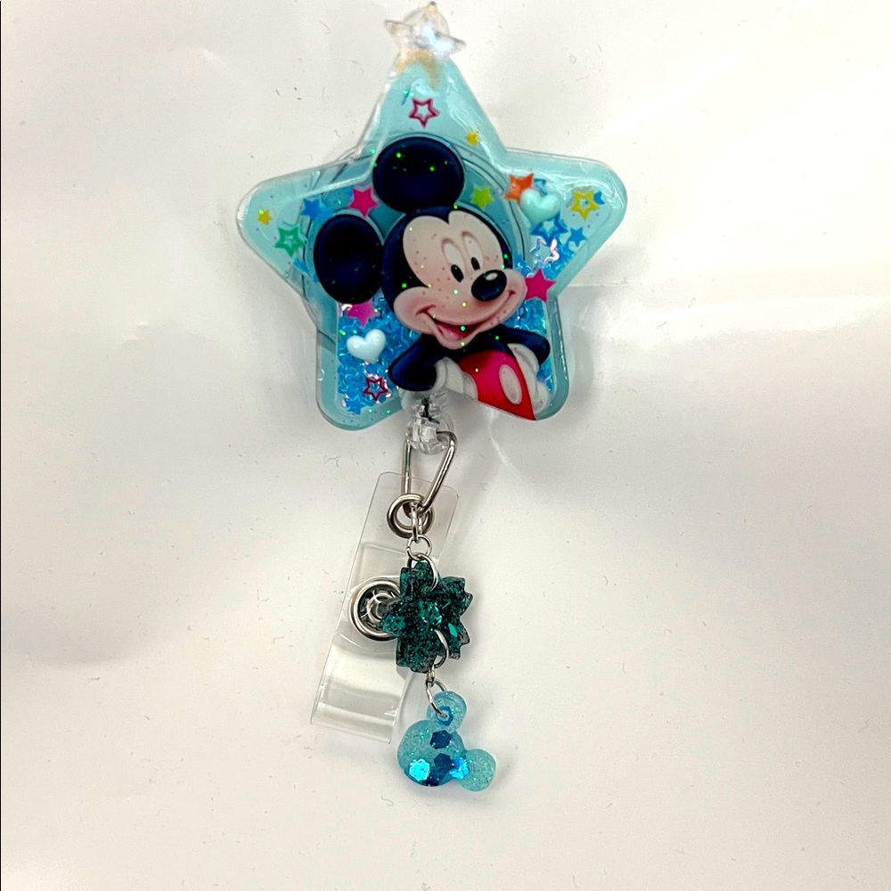 New Disney Mickey Mouse Star Badge Reel - with charms Blue and Red